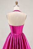 Metallic Fuchsia Halter Pleated Homecoming Dress