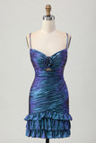 Blue Purple Ruched Cut Out Ruffled Metallic Short Ball Dress