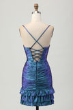Blue Purple Ruched Cut Out Ruffled Metallic Short Ball Dress