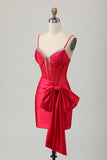 Red Bodycon Corset Ruched Beaded Short Homecoming Dress with Bow