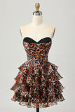 Strapless Khaki Leopard Tiered A Line Corset Short Cocktail Dress