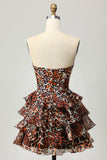 Strapless Khaki Leopard Tiered A Line Corset Short Cocktail Dress