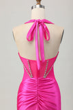 Royal Blue Bodycon Halter Backless Satin Homecoming Dress with Rhinestones