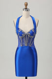 Fuchsia Bodycon Halter Backless Satin Homecoming Dress with Rhinestones