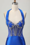 Royal Blue Bodycon Halter Backless Satin Homecoming Dress with Rhinestones
