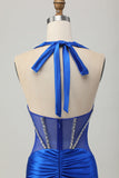 Royal Blue Bodycon Halter Backless Satin Homecoming Dress with Rhinestones