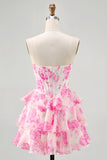 Pink Floral A-Line Strapless Corset Short Ball Dress with Sequins
