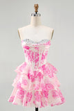 Pink Floral A-Line Strapless Corset Short Ball Dress with Sequins
