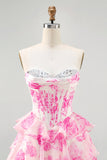Pink Flower Strapless Corset Printed Homecoming Dress with Sequins