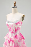 Pink Flower Strapless Corset Printed Homecoming Dress with Sequins