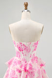 Pink Flower Strapless Corset Printed Homecoming Dress with Sequins