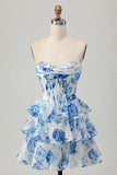 White Blue Flower A-line Strapless Corset Tiered Short Homecoming Dress with Sequins