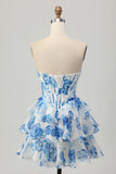 White Blue Flower A-line Strapless Corset Tiered Short Homecoming Dress with Sequins