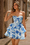 Pink Floral A-Line Strapless Corset Short Ball Dress with Sequins