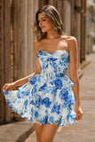 Pink Floral A-Line Strapless Corset Short Ball Dress with Sequins