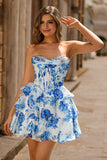 White Blue Floral A Line Strapless Corset Tiered Short Ball Dress