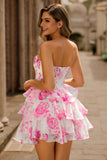 Pink Floral A-Line Strapless Corset Short Ball Dress with Sequins