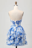 White Blue Floral Strapless A Line Corset Cut Out Short Ball Dress with Bow