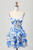 White Blue Floral Strapless A Line Corset Cut Out Short Ball Dress with Bow
