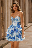White Blue Floral Strapless A Line Corset Cut Out Short Ball Dress with Bow