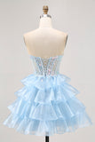 Tiered Sequin Blue Strapless Corset Homecoming Dress