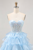 Tiered Sequin Blue Strapless Corset Homecoming Dress