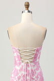 Pink Floral Off the Shoulder Homecoming Dress with Detachable Sleeves