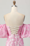 Pink Floral Off the Shoulder Homecoming Dress with Detachable Sleeves