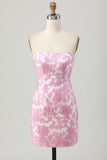 Pink Floral Off the Shoulder Homecoming Dress with Detachable Sleeves