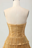 Metallic Golden Strapless Cut Out Pleated Tiered Short Homecoming Dress