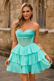 Strapless Corset A Line Green Short Cocktail Dress with Beading