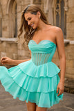 Strapless Corset A Line Green Short Cocktail Dress with Beading