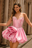 Pink Strapless A Line Corset Beaded Short Ball Dress with Rhinestones