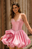 Pink Strapless A Line Corset Beaded Short Ball Dress with Rhinestones