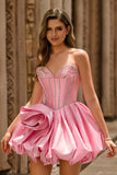 Pink Strapless A Line Corset Beaded Short Ball Dress with Rhinestones