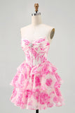 White Blue Floral Corset A-line Strapless Tiered Short Ball Dress