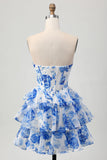 White Blue Floral Corset A-line Strapless Tiered Short Ball Dress