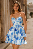 White Blue Floral Corset A-line Strapless Tiered Short Ball Dress
