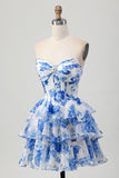 White Blue Floral A-line Sweetheart Corset Tiered Short Homecoming Dress