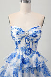 White Blue Floral A-line Sweetheart Corset Tiered Short Homecoming Dress