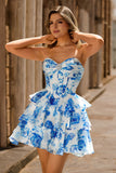 White Blue Floral Corset A-line Strapless Tiered Short Ball Dress