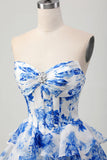 White Blue Floral A-line Sweetheart Corset Tiered Short Homecoming Dress