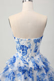 White Blue Floral A-line Sweetheart Corset Tiered Short Homecoming Dress