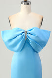 Blue Strapless Ruched Tight Homecoming Dress with Lace-up Back