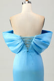 Blue Strapless Ruched Tight Homecoming Dress with Lace-up Back