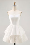 White Satin Strapless Corset A Line Short Ball Dress