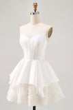 White Satin Strapless Corset A Line Short Ball Dress
