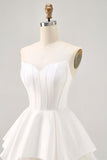 White Satin Strapless Corset A Line Short Ball Dress