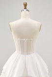White Satin Strapless Corset A Line Short Ball Dress