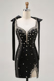 Sparkly Black Tight Rhinestones Short Ball Dress with Slit